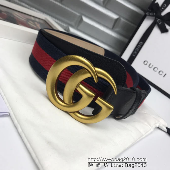 GUCCI古馳 官網潮流款 原單品質 紅綠布原版加厚織帶 409416 復古做舊GG古金扣 男士皮帶  xfp1344